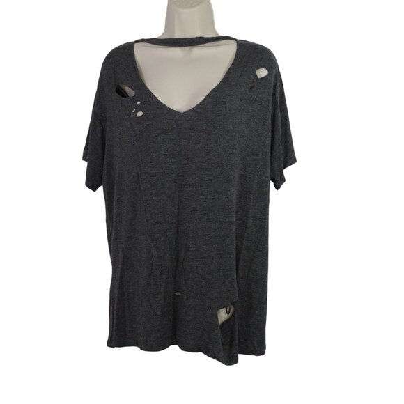 Hippie Chic Gray V-Neck Distressed Ribbed T-Shirt Top Women Size L Short Sleeve - Picture 1 of 9